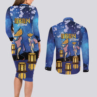 Japan Obon Festival Couples Matching Long Sleeve Bodycon Dress and Long Sleeve Button Shirt Sakura Lanterns With Bon Dance LT14 - Polynesian Pride