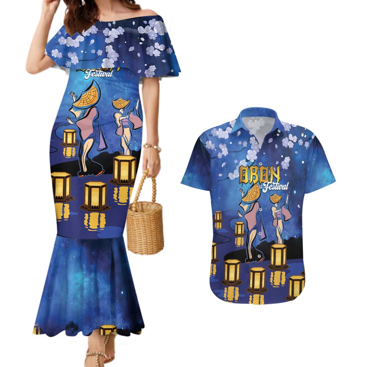 Japan Obon Festival Couples Matching Mermaid Dress and Hawaiian Shirt Sakura Lanterns With Bon Dance LT14 Blue - Polynesian Pride