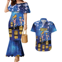 Japan Obon Festival Couples Matching Mermaid Dress and Hawaiian Shirt Sakura Lanterns With Bon Dance LT14 Blue - Polynesian Pride