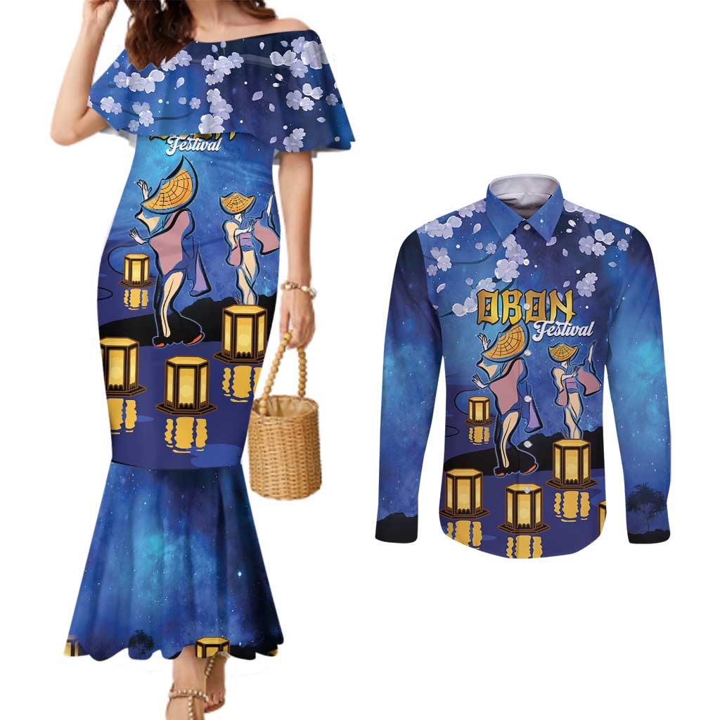 Japan Obon Festival Couples Matching Mermaid Dress and Long Sleeve Button Shirt Sakura Lanterns With Bon Dance LT14 Blue - Polynesian Pride