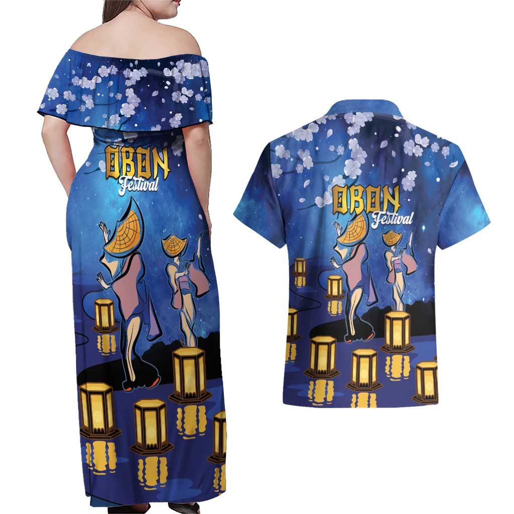 Japan Obon Festival Couples Matching Off Shoulder Maxi Dress and Hawaiian Shirt Sakura Lanterns With Bon Dance LT14 - Polynesian Pride