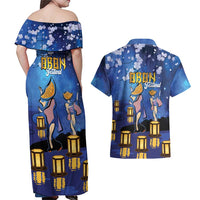 Japan Obon Festival Couples Matching Off Shoulder Maxi Dress and Hawaiian Shirt Sakura Lanterns With Bon Dance LT14 - Polynesian Pride