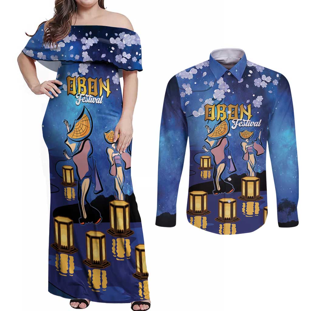 Japan Obon Festival Couples Matching Off Shoulder Maxi Dress and Long Sleeve Button Shirt Sakura Lanterns With Bon Dance LT14 Blue - Polynesian Pride
