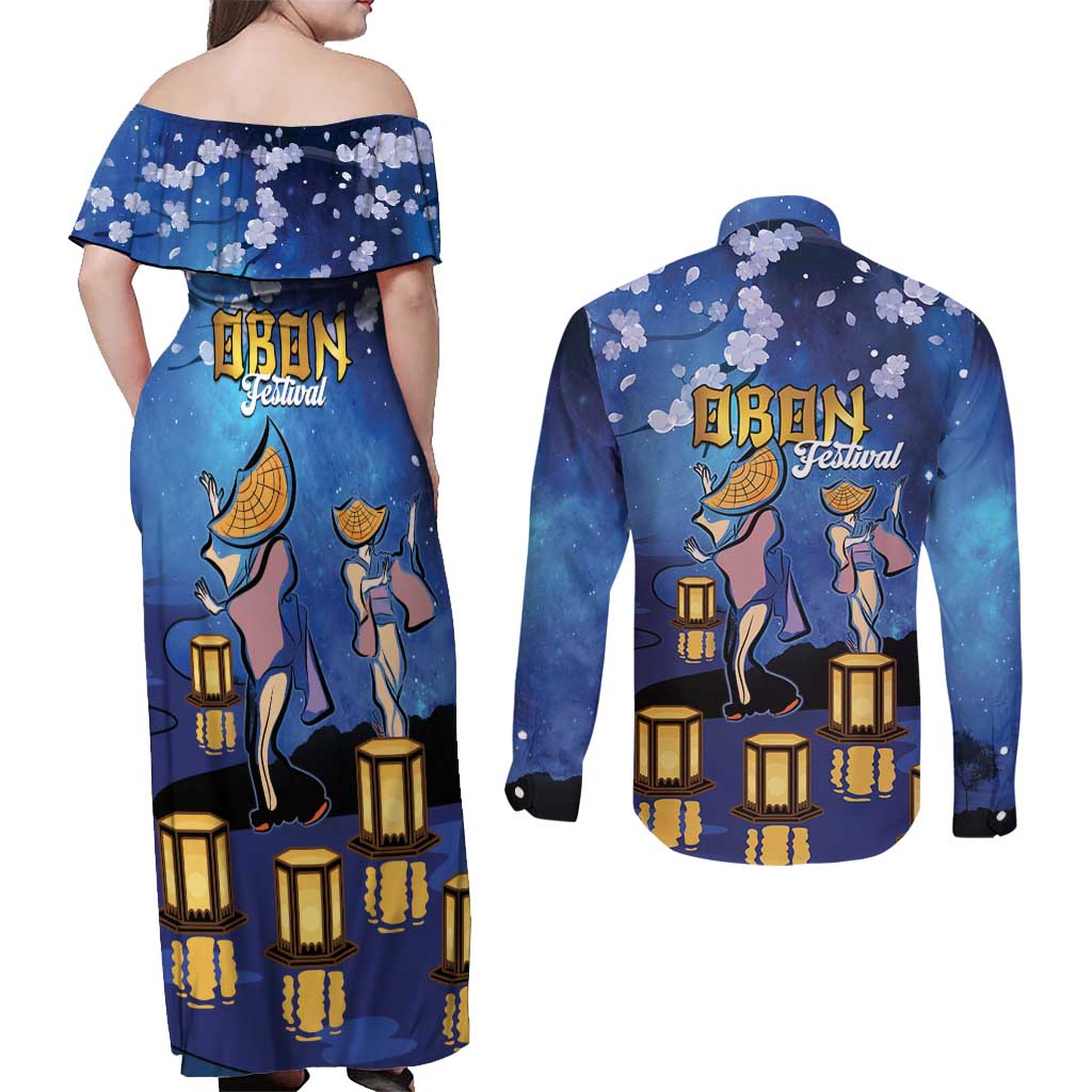 Japan Obon Festival Couples Matching Off Shoulder Maxi Dress and Long Sleeve Button Shirt Sakura Lanterns With Bon Dance LT14 - Polynesian Pride