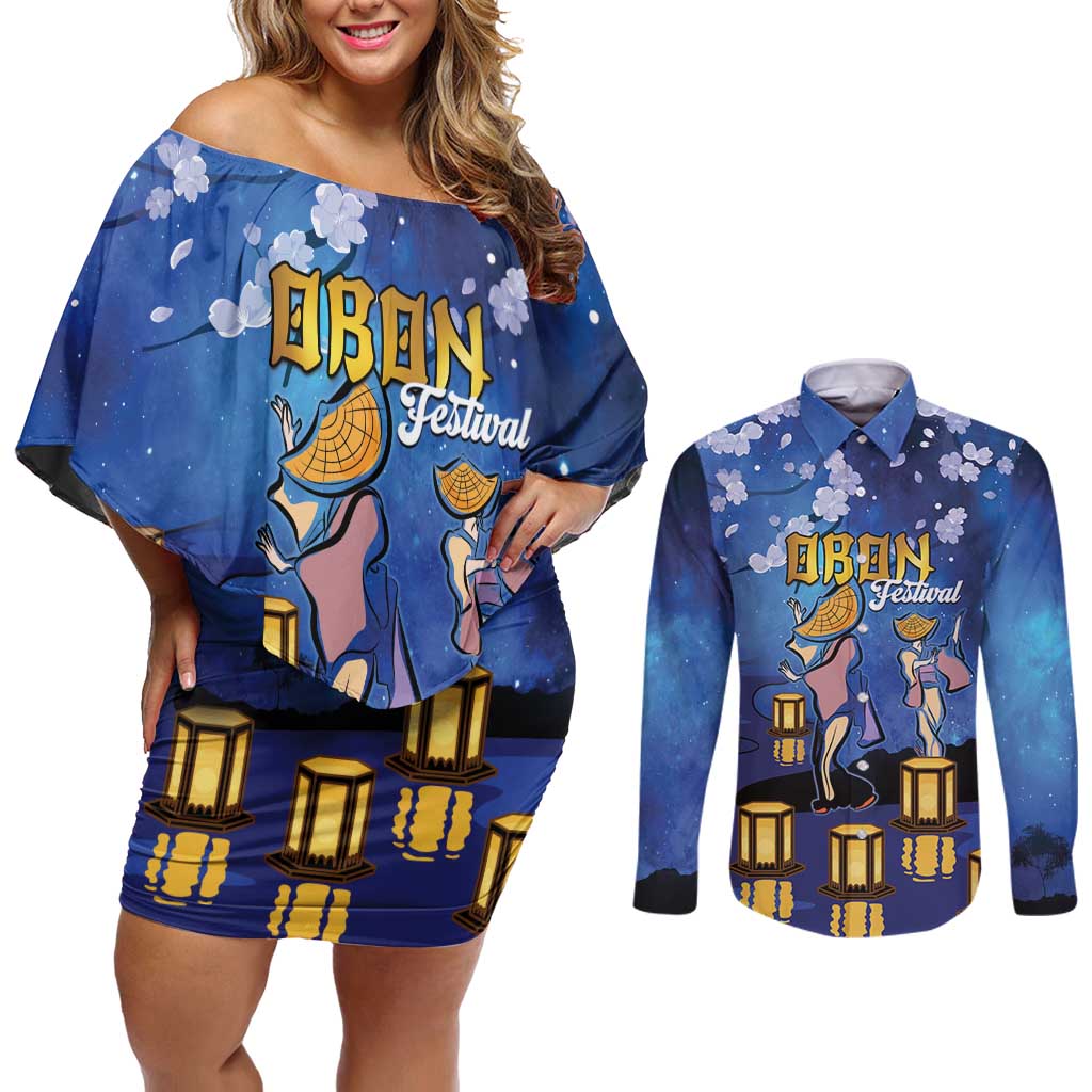 Japan Obon Festival Couples Matching Off Shoulder Short Dress and Long Sleeve Button Shirt Sakura Lanterns With Bon Dance LT14 Blue - Polynesian Pride