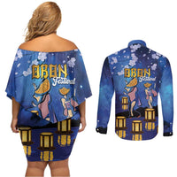 Japan Obon Festival Couples Matching Off Shoulder Short Dress and Long Sleeve Button Shirt Sakura Lanterns With Bon Dance LT14 - Polynesian Pride