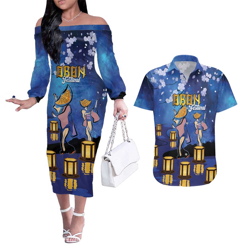 Japan Obon Festival Couples Matching Off The Shoulder Long Sleeve Dress and Hawaiian Shirt Sakura Lanterns With Bon Dance - Polynesian Pride
