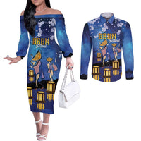 Japan Obon Festival Couples Matching Off The Shoulder Long Sleeve Dress and Long Sleeve Button Shirt Sakura Lanterns With Bon Dance LT14 Blue - Polynesian Pride