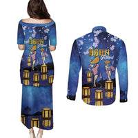 Japan Obon Festival Couples Matching Puletasi and Long Sleeve Button Shirt Sakura Lanterns With Bon Dance - Polynesian Pride