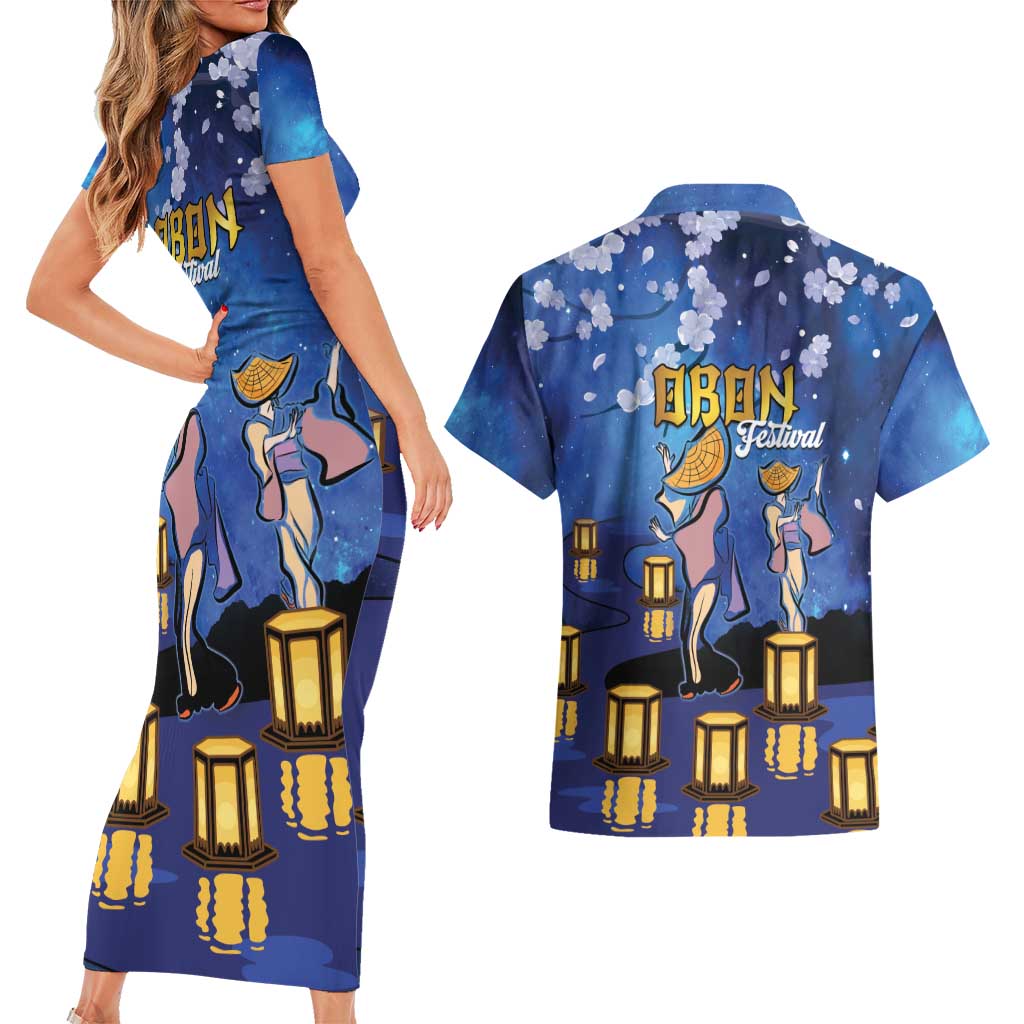 Japan Obon Festival Couples Matching Short Sleeve Bodycon Dress and Hawaiian Shirt Sakura Lanterns With Bon Dance LT14 - Polynesian Pride