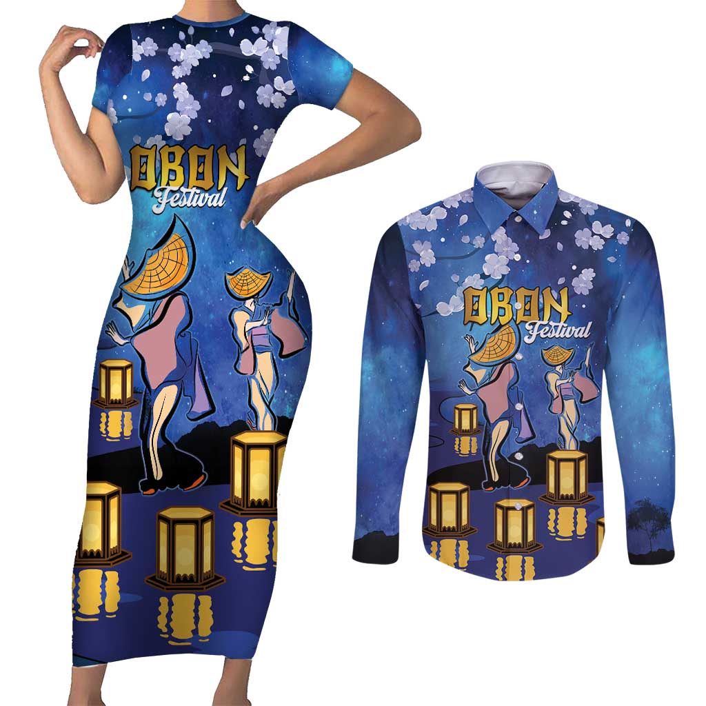 Japan Obon Festival Couples Matching Short Sleeve Bodycon Dress and Long Sleeve Button Shirt Sakura Lanterns With Bon Dance LT14 Blue - Polynesian Pride