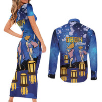 Japan Obon Festival Couples Matching Short Sleeve Bodycon Dress and Long Sleeve Button Shirt Sakura Lanterns With Bon Dance LT14 - Polynesian Pride