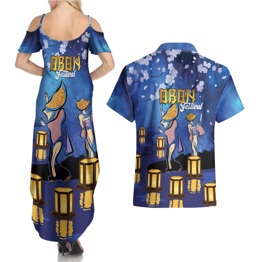 Japan Obon Festival Couples Matching Summer Maxi Dress and Hawaiian Shirt Sakura Lanterns With Bon Dance LT14 - Polynesian Pride