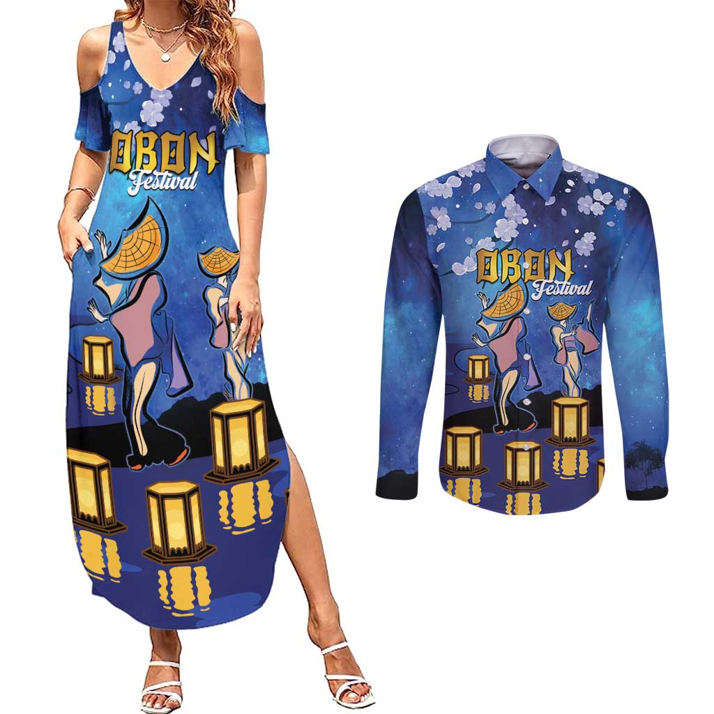Japan Obon Festival Couples Matching Summer Maxi Dress and Long Sleeve Button Shirt Sakura Lanterns With Bon Dance LT14 Blue - Polynesian Pride