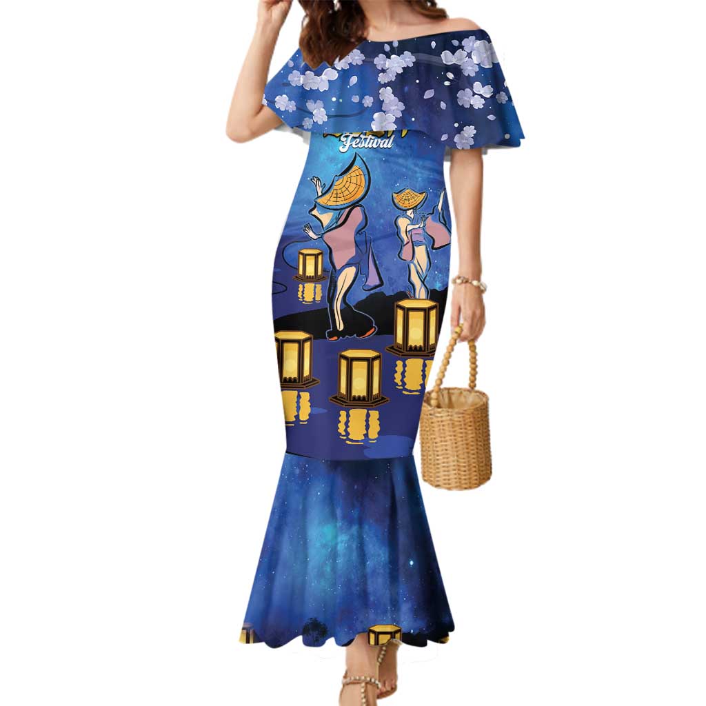 Japan Obon Festival Family Matching Mermaid Dress and Hawaiian Shirt Sakura Lanterns With Bon Dance LT14 Mom's Dress Blue - Polynesian Pride