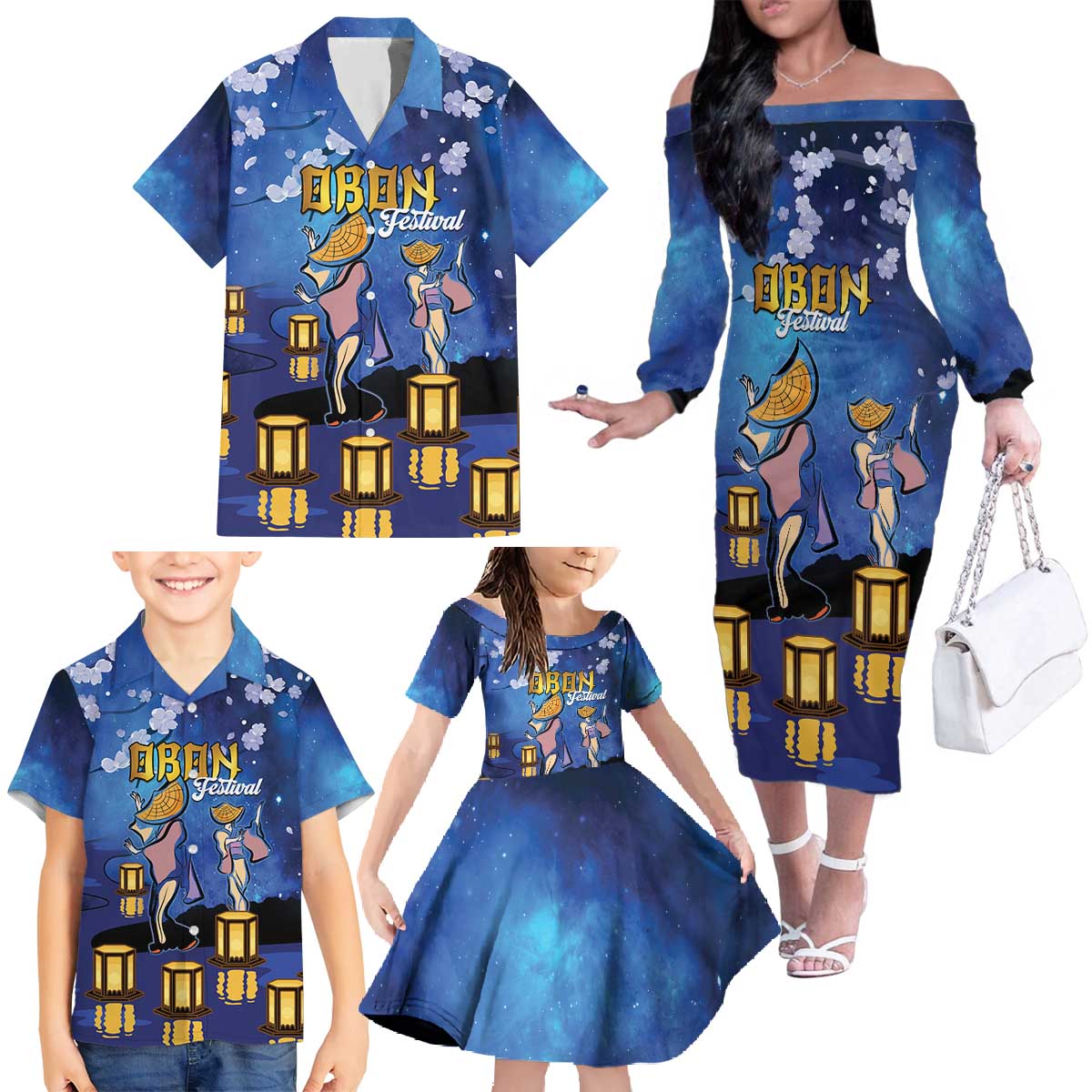 Japan Obon Festival Family Matching Off The Shoulder Long Sleeve Dress and Hawaiian Shirt Sakura Lanterns With Bon Dance LT14 - Polynesian Pride