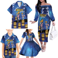 Japan Obon Festival Family Matching Off The Shoulder Long Sleeve Dress and Hawaiian Shirt Sakura Lanterns With Bon Dance LT14 - Polynesian Pride