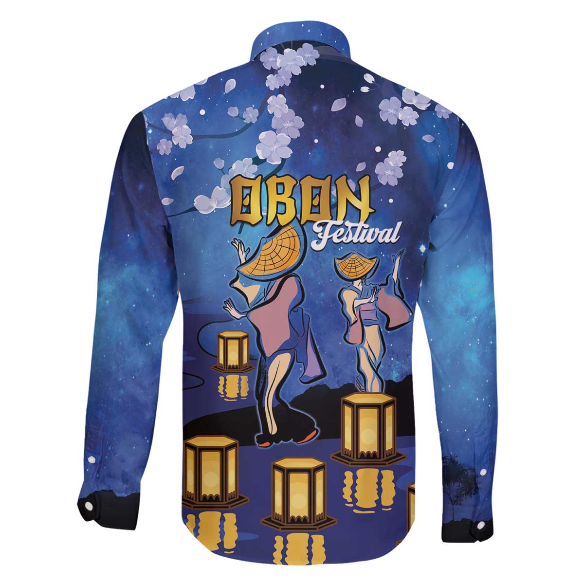 Japan Obon Festival Family Matching Off The Shoulder Long Sleeve Dress and Hawaiian Shirt Sakura Lanterns With Bon Dance LT14 - Polynesian Pride