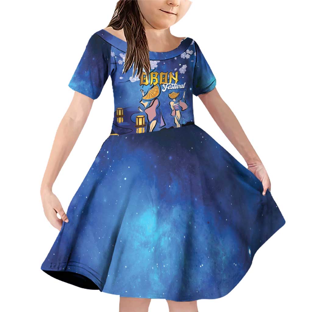 Japan Obon Festival Family Matching Off Shoulder Short Dress and Hawaiian Shirt Sakura Lanterns With Bon Dance LT14 Daughter's Dress Blue - Polynesian Pride