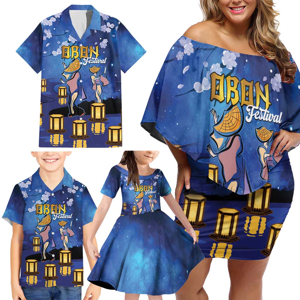 Japan Obon Festival Family Matching Off Shoulder Short Dress and Hawaiian Shirt Sakura Lanterns With Bon Dance LT14 - Polynesian Pride