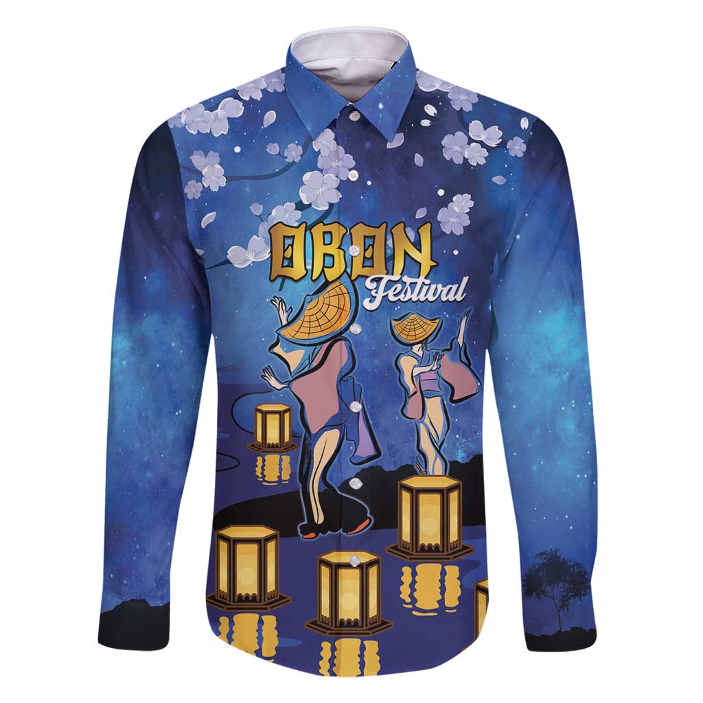 Japan Obon Festival Family Matching Off Shoulder Short Dress and Hawaiian Shirt Sakura Lanterns With Bon Dance LT14 Dad's Shirt - Long Sleeve Blue - Polynesian Pride
