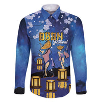 Japan Obon Festival Family Matching Puletasi and Hawaiian Shirt Sakura Lanterns With Bon Dance LT14 Dad's Shirt - Long Sleeve Blue - Polynesian Pride