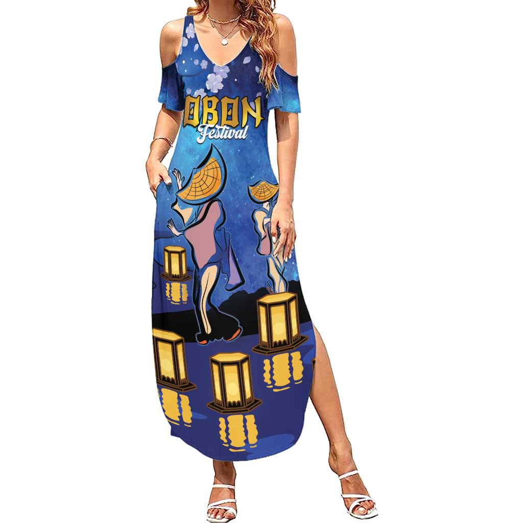 Japan Obon Festival Family Matching Summer Maxi Dress and Hawaiian Shirt Sakura Lanterns With Bon Dance LT14 Mom's Dress Blue - Polynesian Pride