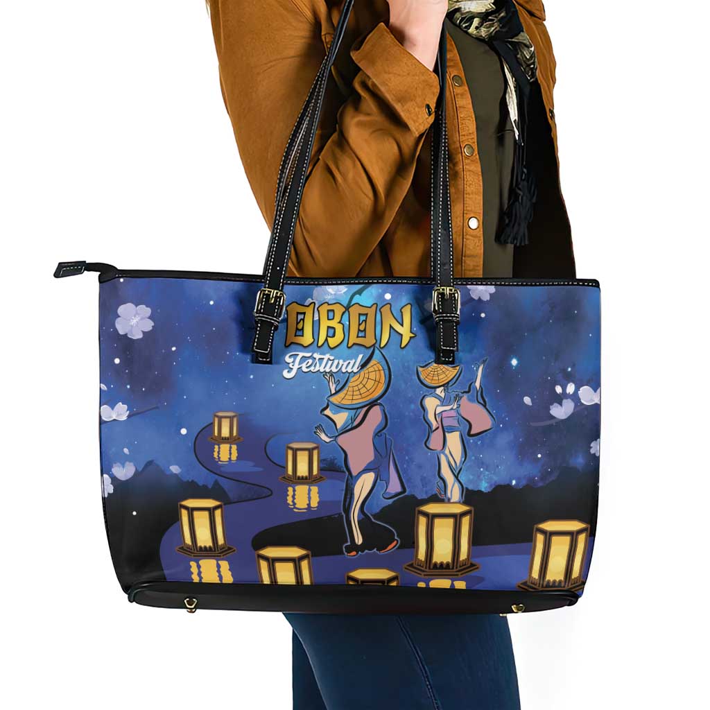 Japan Obon Festival Leather Tote Bag Sakura Lanterns With Bon Dance - Polynesian Pride