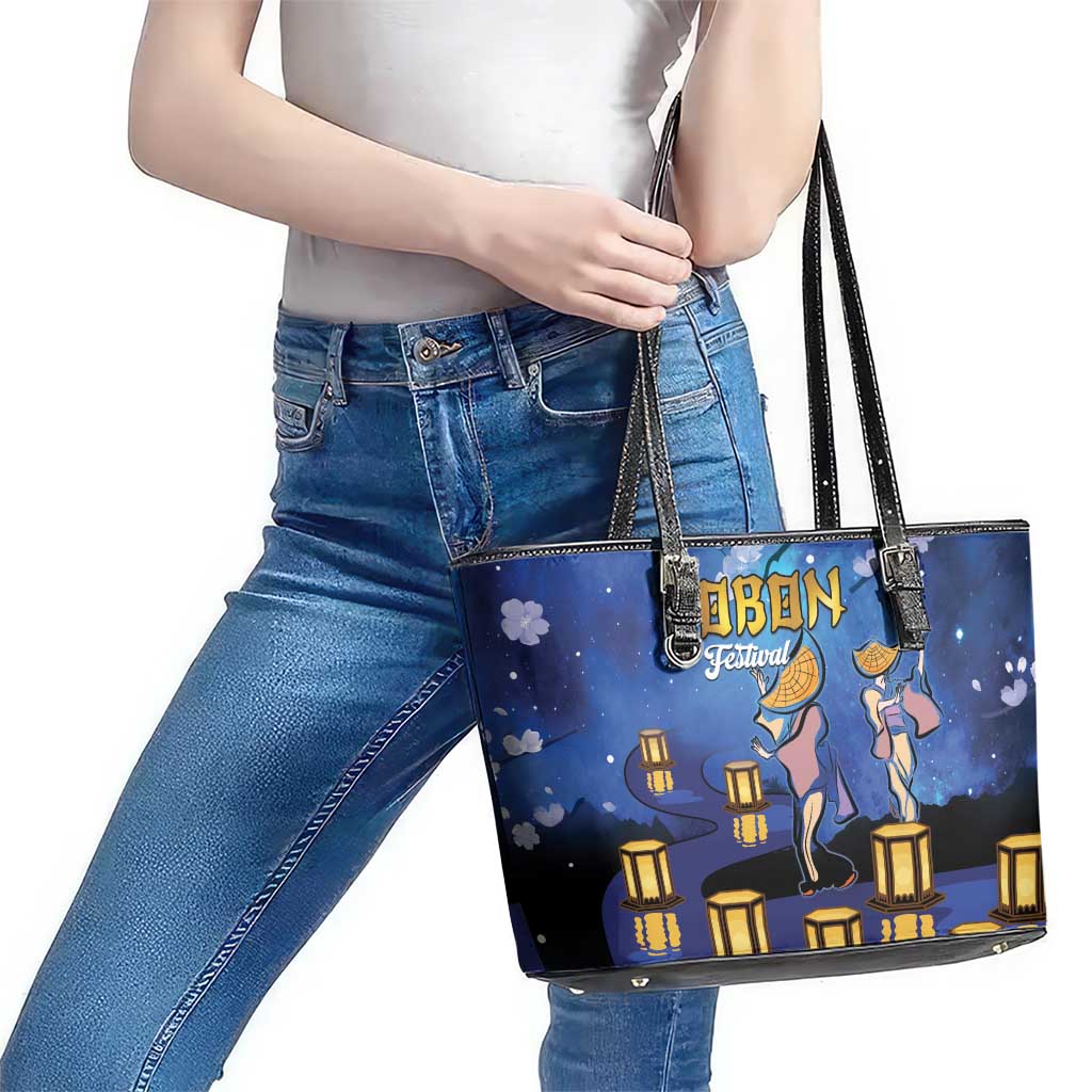 Japan Obon Festival Leather Tote Bag Sakura Lanterns With Bon Dance - Polynesian Pride