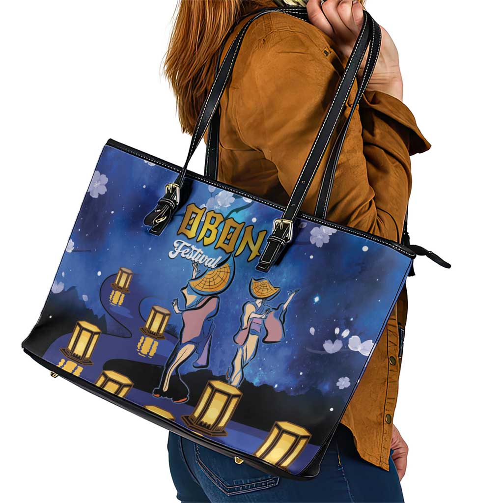 Japan Obon Festival Leather Tote Bag Sakura Lanterns With Bon Dance - Polynesian Pride