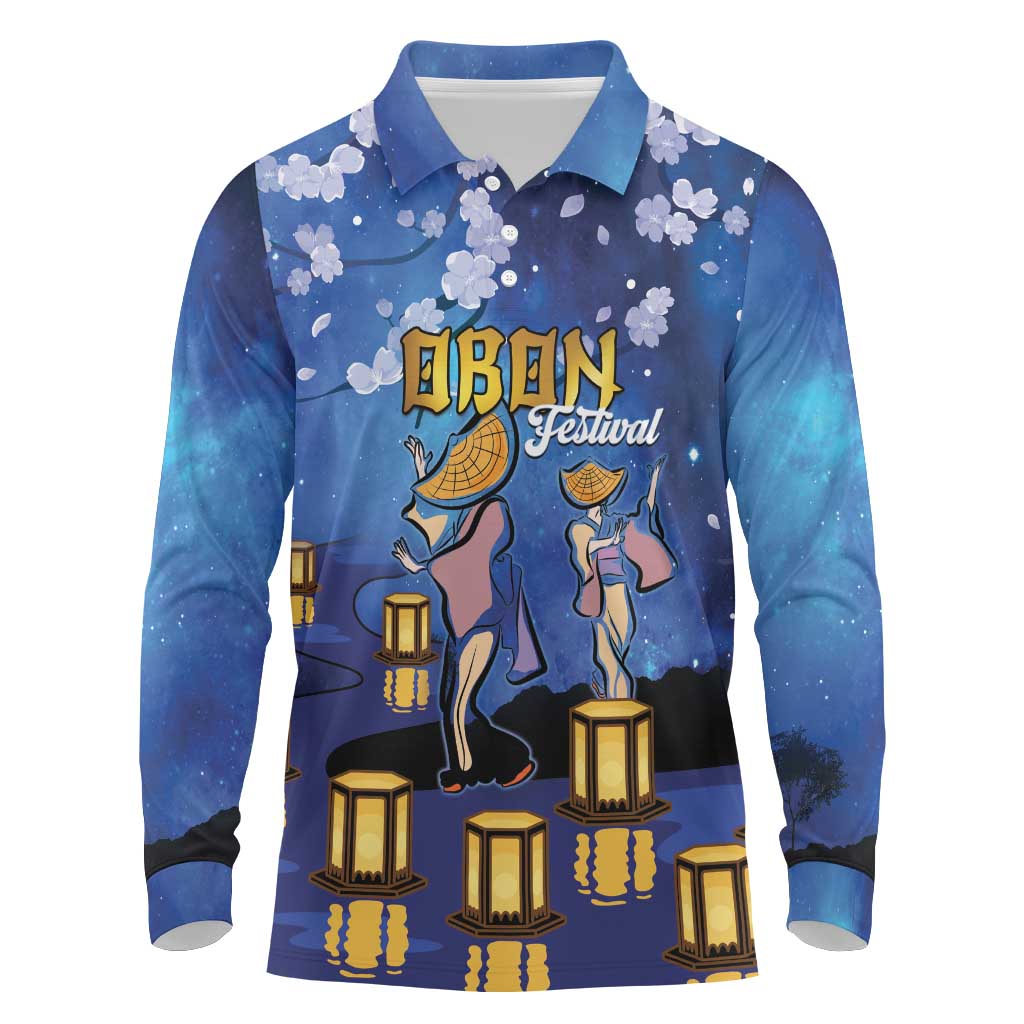 Japan Obon Festival Long Sleeve Polo Shirt Sakura Lanterns With Bon Dance LT14 Blue - Polynesian Pride