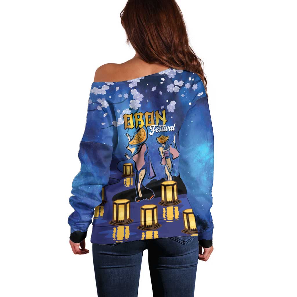 Japan Obon Festival Off Shoulder Sweater Sakura Lanterns With Bon Dance - Polynesian Pride