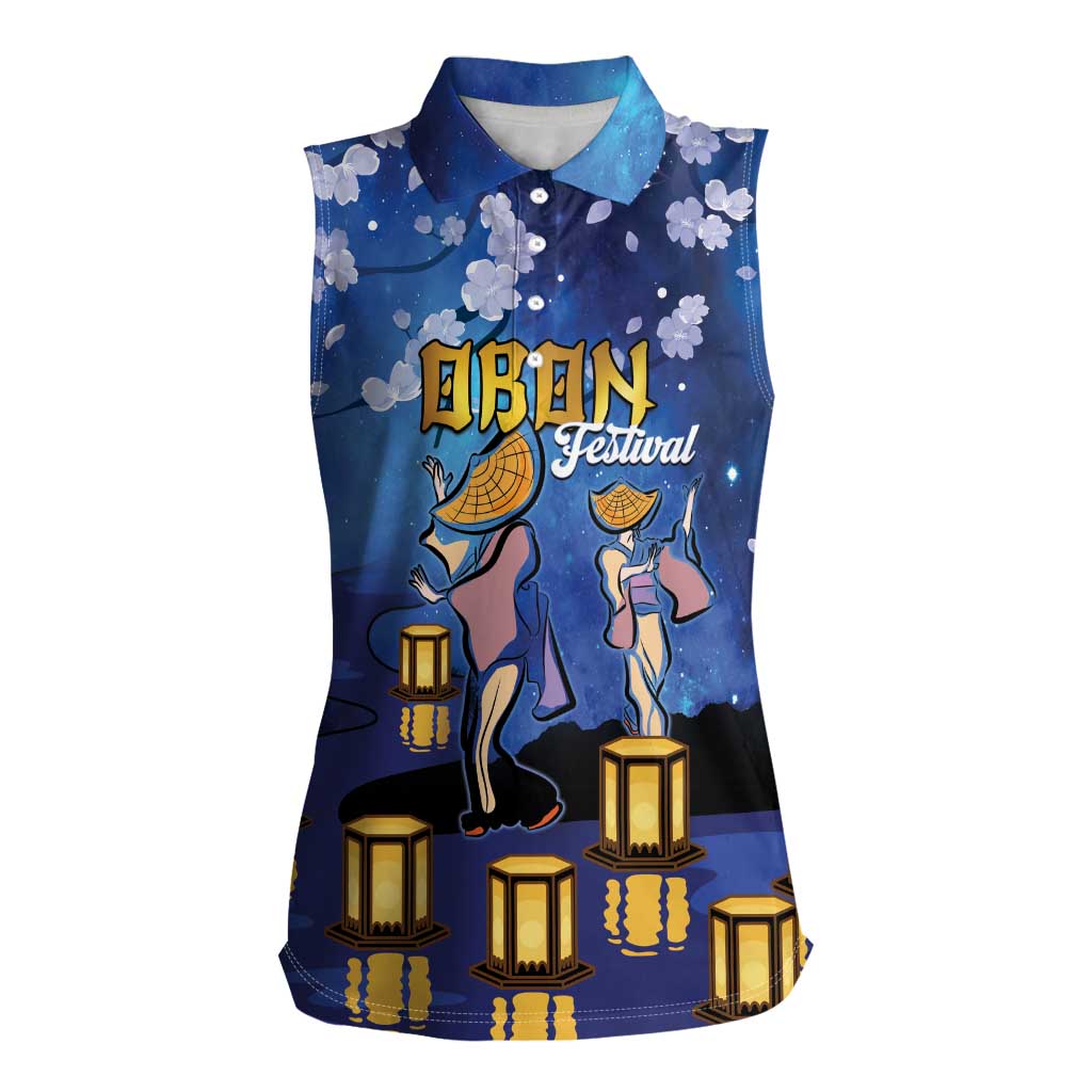 Japan Obon Festival Women Sleeveless Polo Shirt Sakura Lanterns With Bon Dance LT14 Female Blue - Polynesian Pride