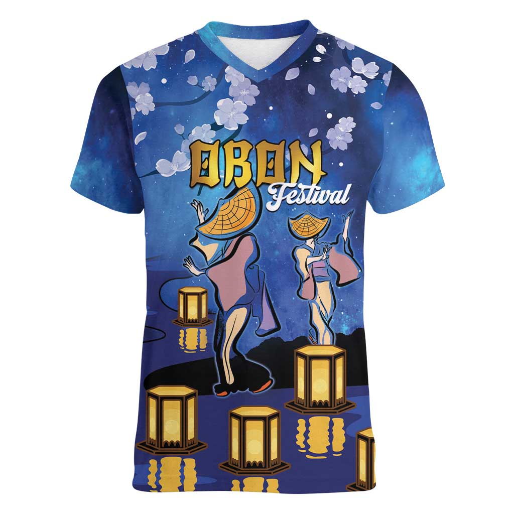 Japan Obon Festival Women V-Neck T-Shirt Sakura Lanterns With Bon Dance LT14 Female Blue - Polynesian Pride