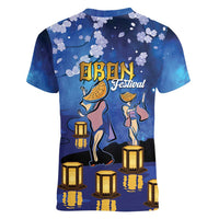 Japan Obon Festival Women V-Neck T-Shirt Sakura Lanterns With Bon Dance LT14 - Polynesian Pride
