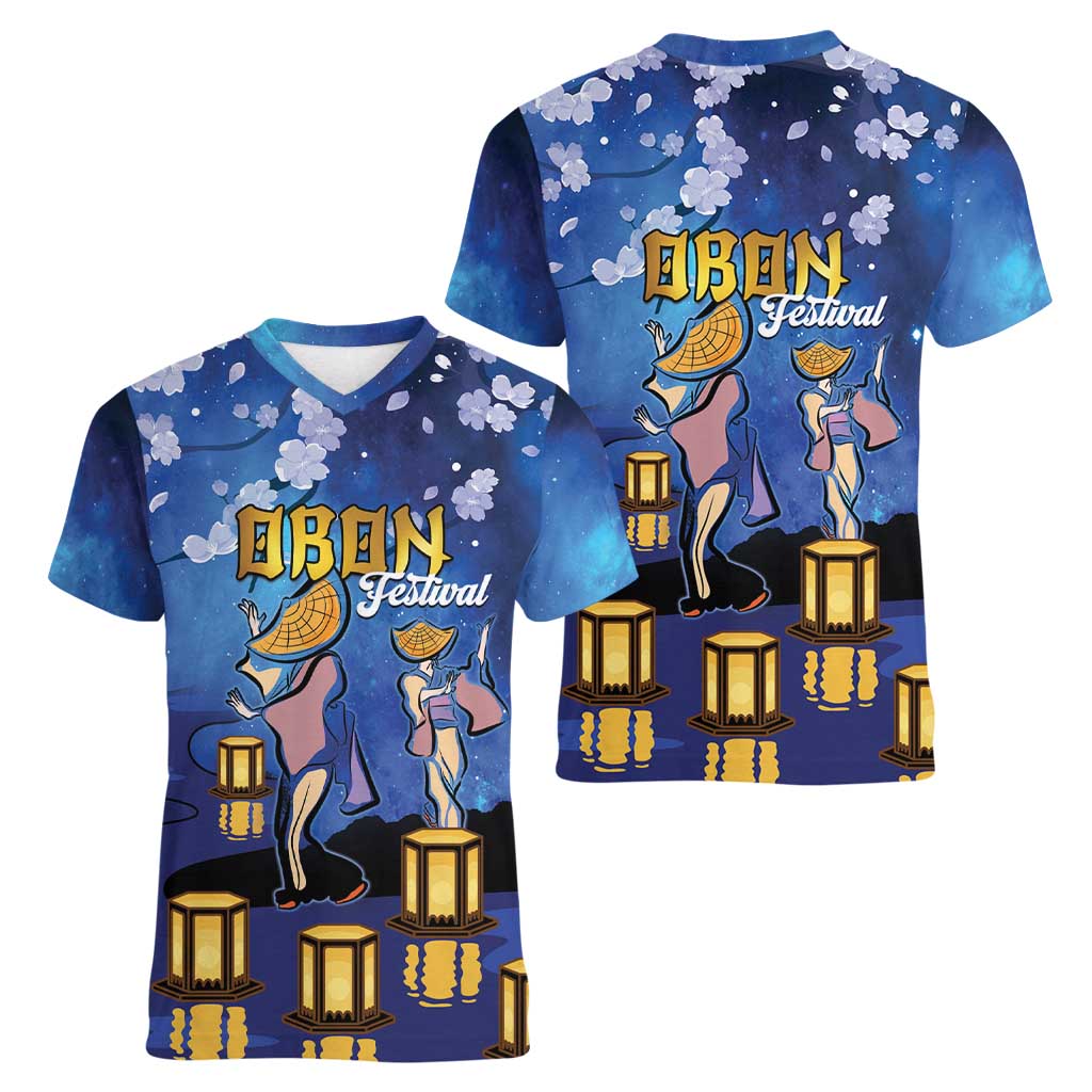 Japan Obon Festival Women V-Neck T-Shirt Sakura Lanterns With Bon Dance LT14 - Polynesian Pride