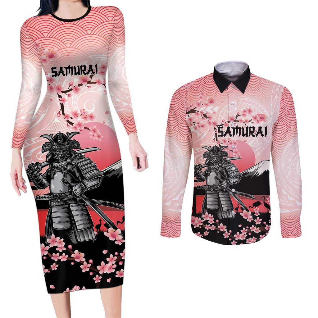 Personalised Japan Samurai Warrior Couples Matching Long Sleeve Bodycon Dress and Long Sleeve Button Shirt Japanese Cherry Blossom Polynesian Pattern LT14 Pink - Polynesian Pride