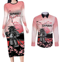Personalised Japan Samurai Warrior Couples Matching Long Sleeve Bodycon Dress and Long Sleeve Button Shirt Japanese Cherry Blossom Polynesian Pattern - Polynesian Pride