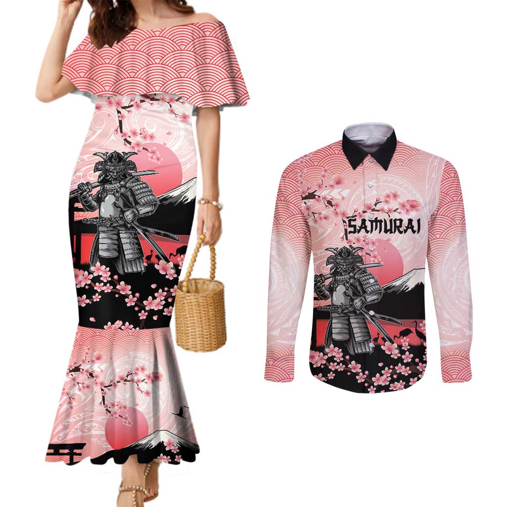 Personalised Japan Samurai Warrior Couples Matching Mermaid Dress and Long Sleeve Button Shirt Japanese Cherry Blossom Polynesian Pattern LT14 Pink - Polynesian Pride