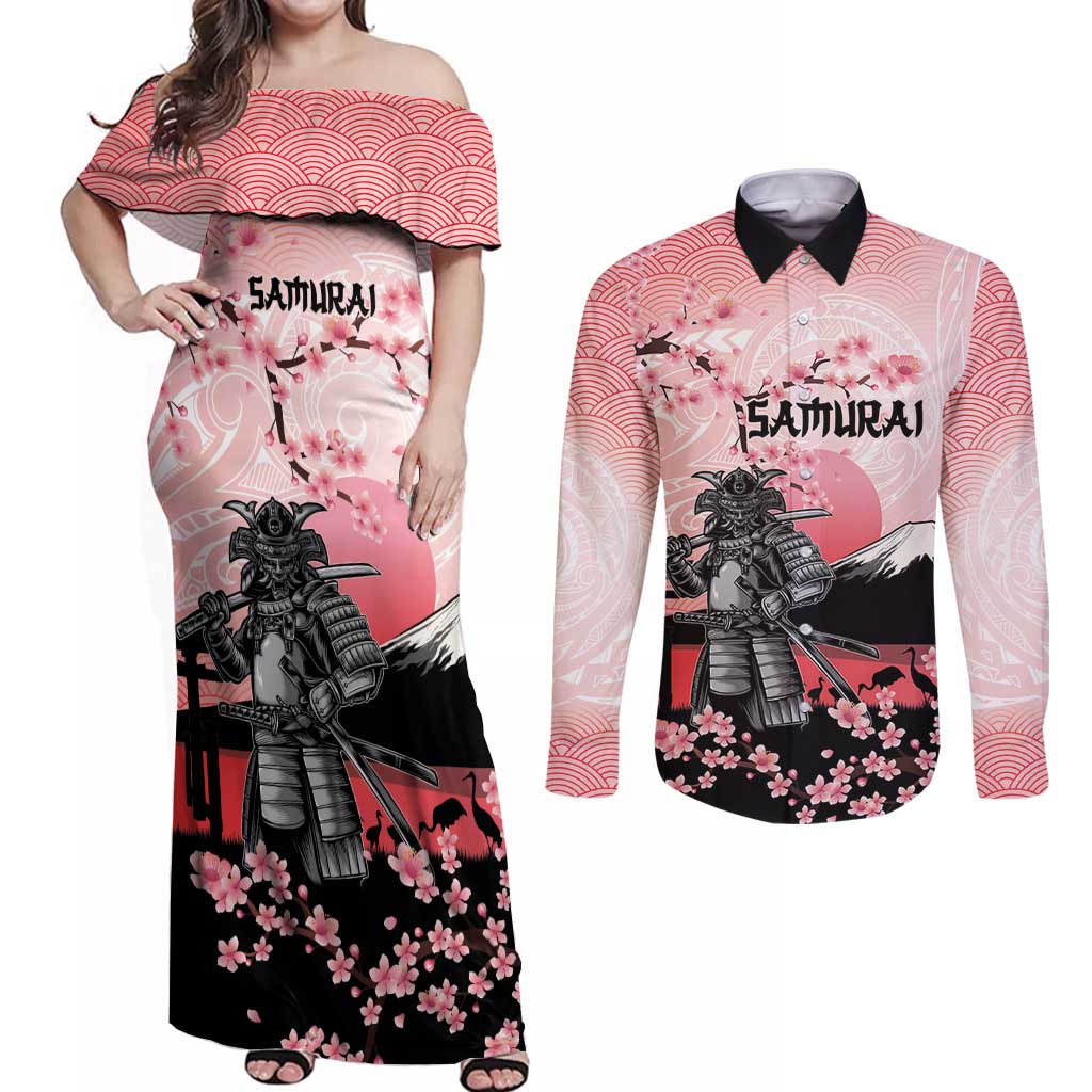 Personalised Japan Samurai Warrior Couples Matching Off Shoulder Maxi Dress and Long Sleeve Button Shirt Japanese Cherry Blossom Polynesian Pattern LT14 Pink - Polynesian Pride
