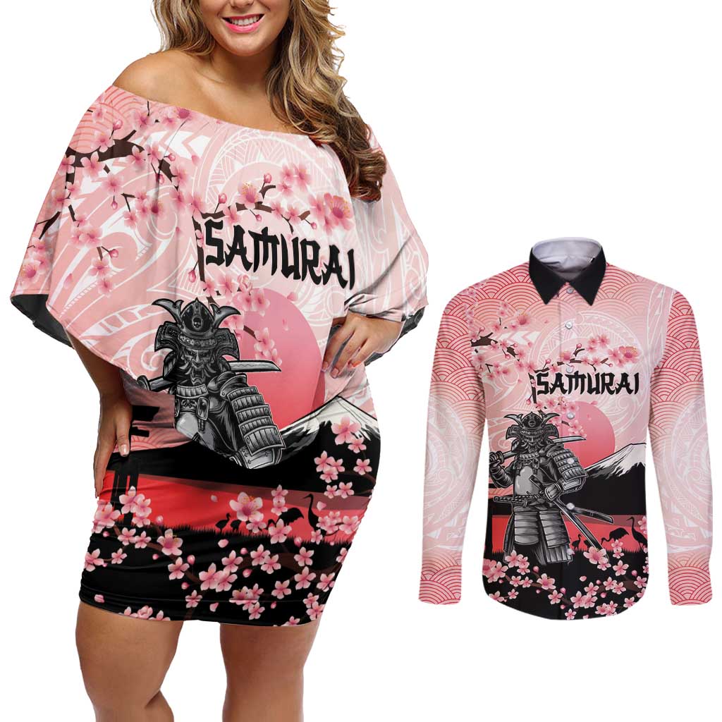Personalised Japan Samurai Warrior Couples Matching Off Shoulder Short Dress and Long Sleeve Button Shirt Japanese Cherry Blossom Polynesian Pattern LT14 Pink - Polynesian Pride
