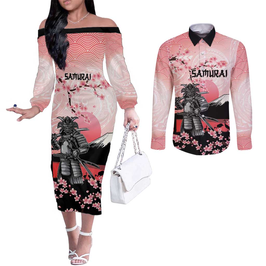 Personalised Japan Samurai Warrior Couples Matching Off The Shoulder Long Sleeve Dress and Long Sleeve Button Shirt Japanese Cherry Blossom Polynesian Pattern LT14 Pink - Polynesian Pride
