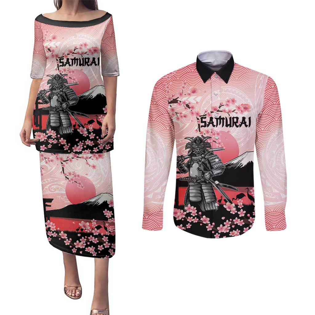 Personalised Japan Samurai Warrior Couples Matching Puletasi and Long Sleeve Button Shirt Japanese Cherry Blossom Polynesian Pattern LT14 Pink - Polynesian Pride