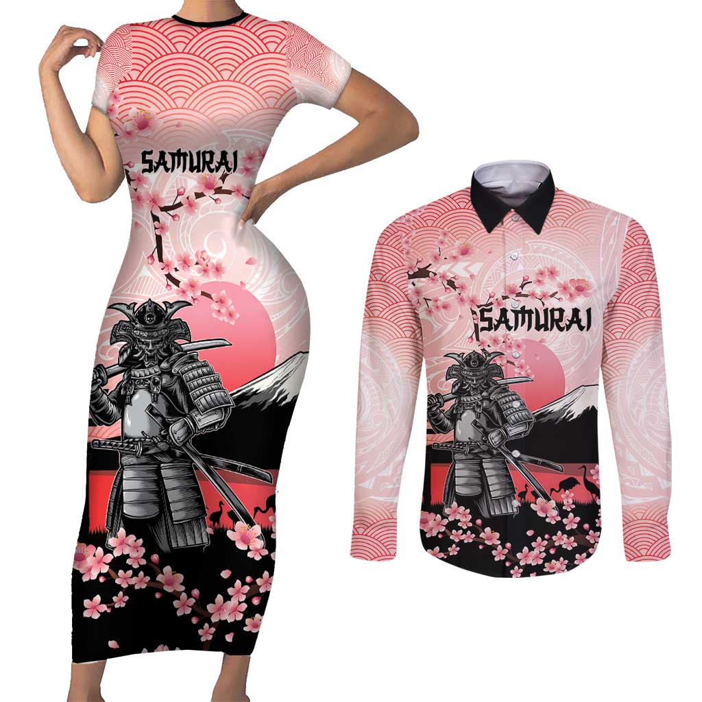 Personalised Japan Samurai Warrior Couples Matching Short Sleeve Bodycon Dress and Long Sleeve Button Shirt Japanese Cherry Blossom Polynesian Pattern LT14 Pink - Polynesian Pride