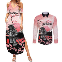 Personalised Japan Samurai Warrior Couples Matching Summer Maxi Dress and Long Sleeve Button Shirt Japanese Cherry Blossom Polynesian Pattern LT14 Pink - Polynesian Pride