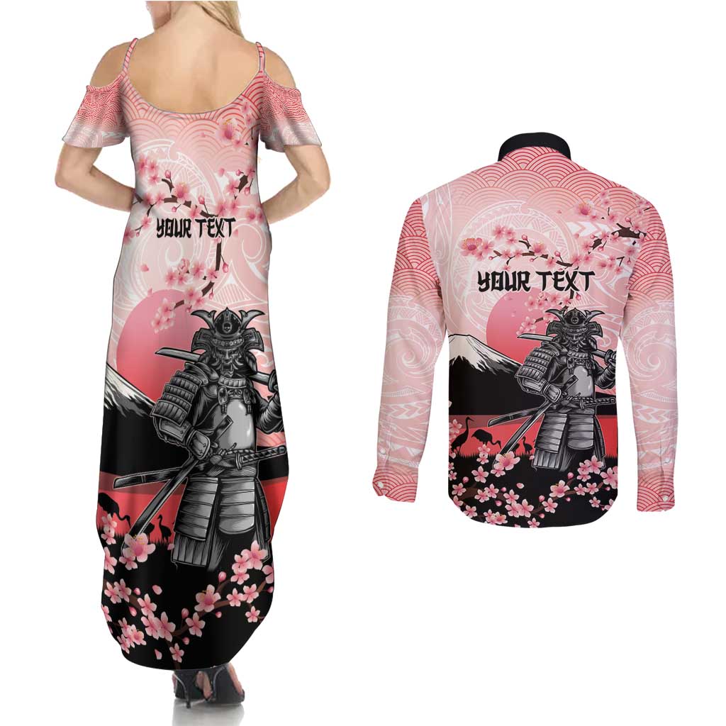 Personalised Japan Samurai Warrior Couples Matching Summer Maxi Dress and Long Sleeve Button Shirt Japanese Cherry Blossom Polynesian Pattern LT14 - Polynesian Pride