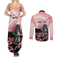 Personalised Japan Samurai Warrior Couples Matching Summer Maxi Dress and Long Sleeve Button Shirt Japanese Cherry Blossom Polynesian Pattern LT14 - Polynesian Pride