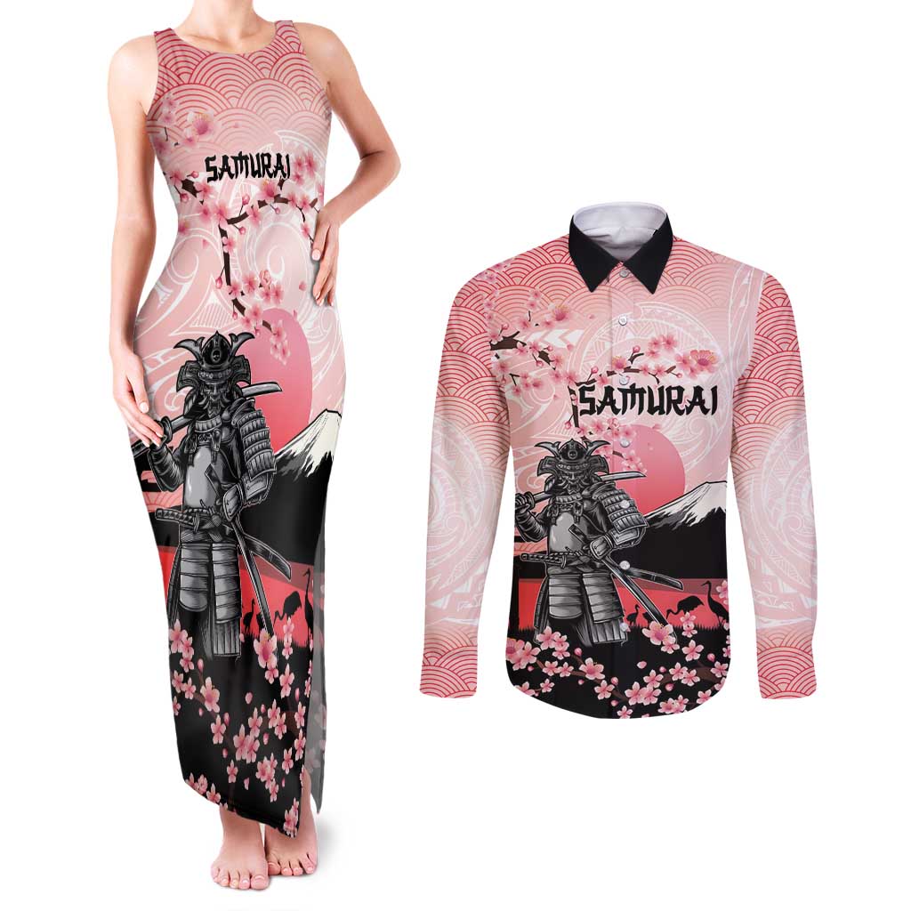 Personalised Japan Samurai Warrior Couples Matching Tank Maxi Dress and Long Sleeve Button Shirt Japanese Cherry Blossom Polynesian Pattern LT14 Pink - Polynesian Pride