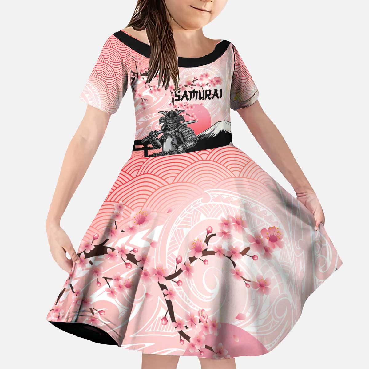 Personalised Japan Samurai Warrior Family Matching Off The Shoulder Long Sleeve Dress and Hawaiian Shirt Japanese Cherry Blossom Polynesian Pattern LT14 Daughter's Dress Pink - Polynesian Pride
