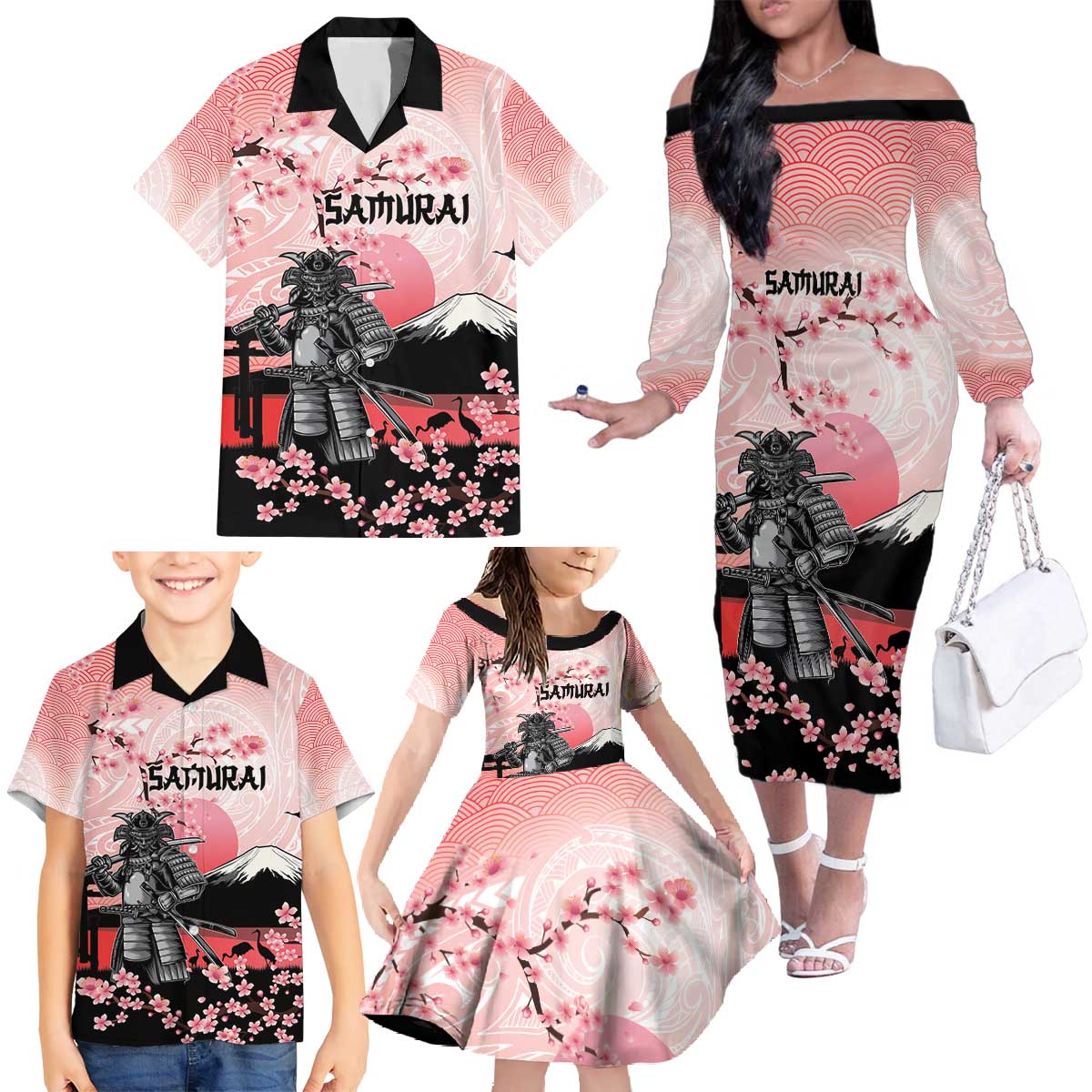 Personalised Japan Samurai Warrior Family Matching Off The Shoulder Long Sleeve Dress and Hawaiian Shirt Japanese Cherry Blossom Polynesian Pattern LT14 - Polynesian Pride